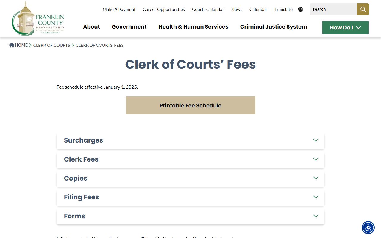 Franklin County Clerk of Courts criminal records fee schedule