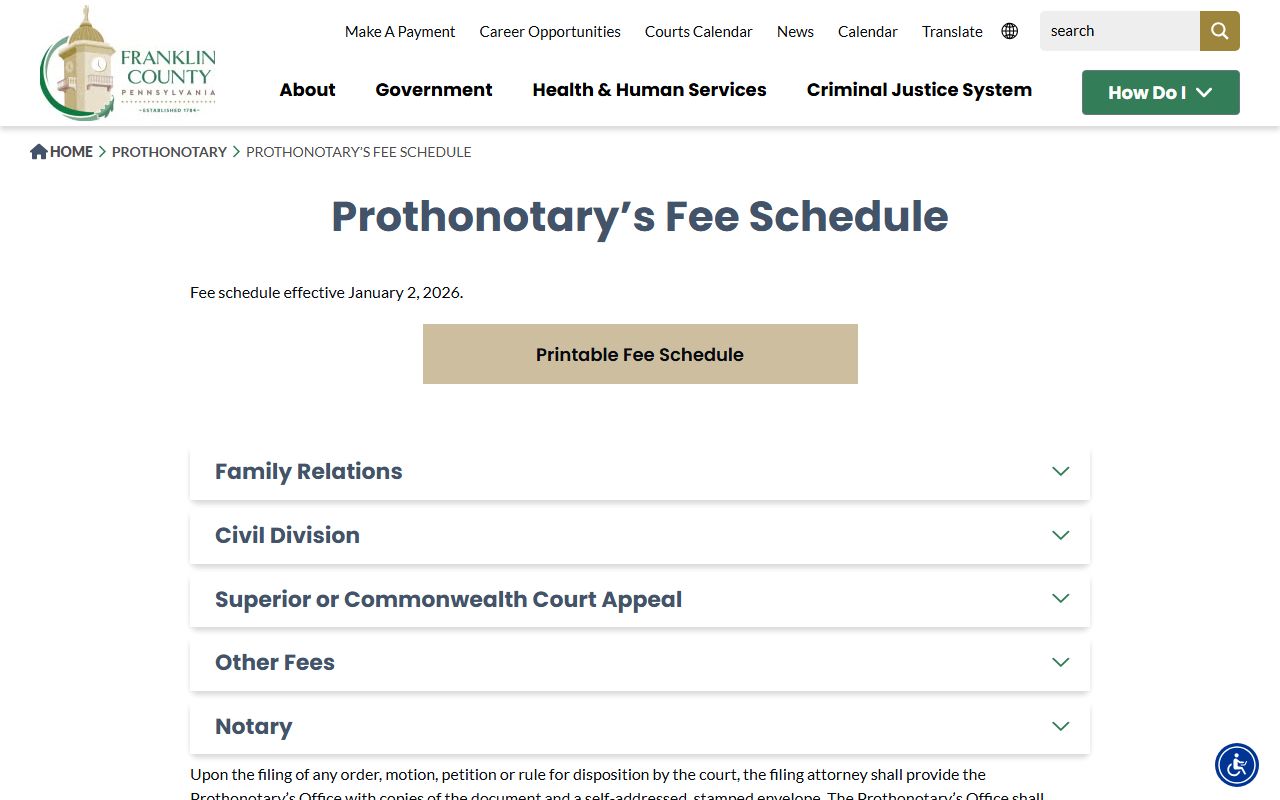 Franklin County Prothonotary fee schedule for civil court records