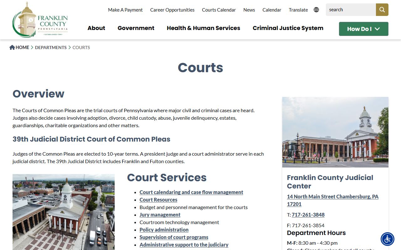 Franklin County Courts landing page