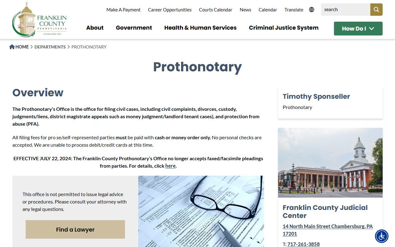 Franklin County Prothonotary civil records office page