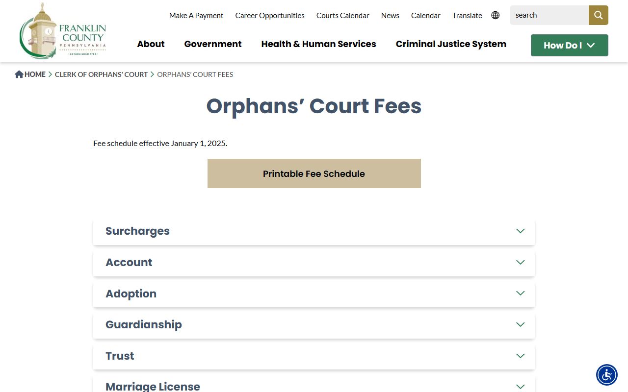 Franklin County marriage and Orphans' Court fee schedule