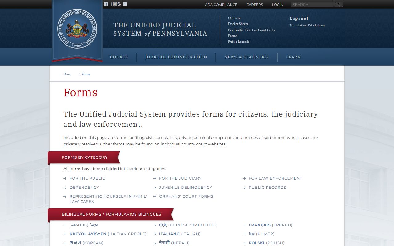 Franklin County traffic court records statewide UJS forms page